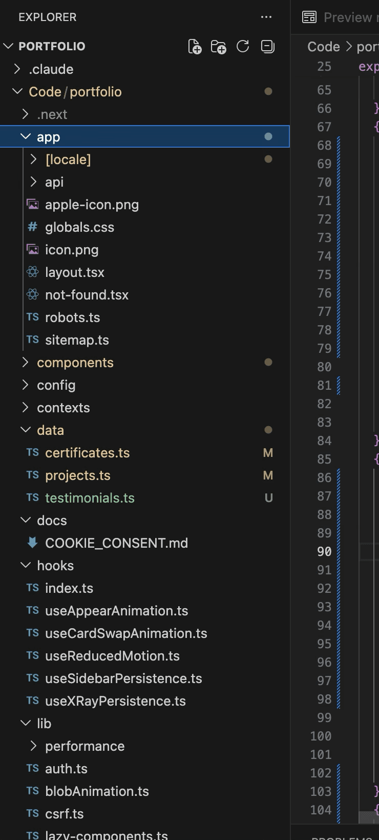 Projektstruktur im VS Code Explorer: App Router mit locale-basiertem Routing, Komponenten, Hooks und Konfiguration