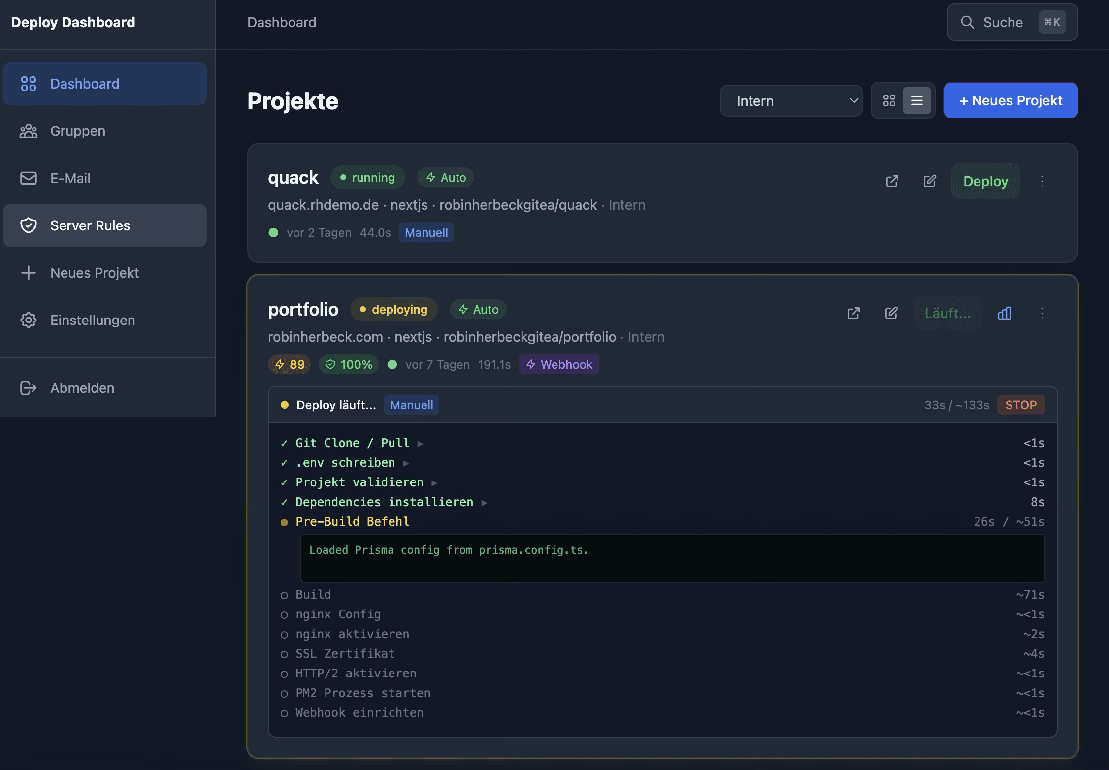 Deploy-Dashboard mit Projekt-Übersicht: Git-Webhook-Deployment mit Live-Log und Status-Anzeige
