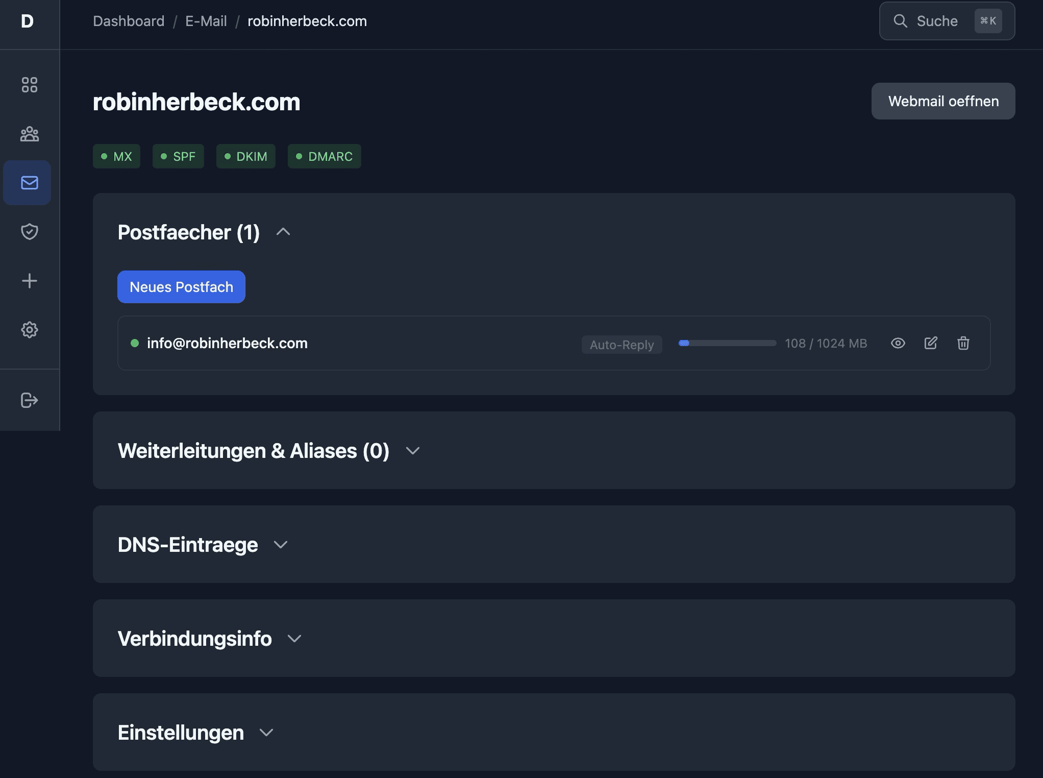 E-Mail-Verwaltung mit DNS-Status: MX, SPF, DKIM und DMARC auf einen Blick konfiguriert